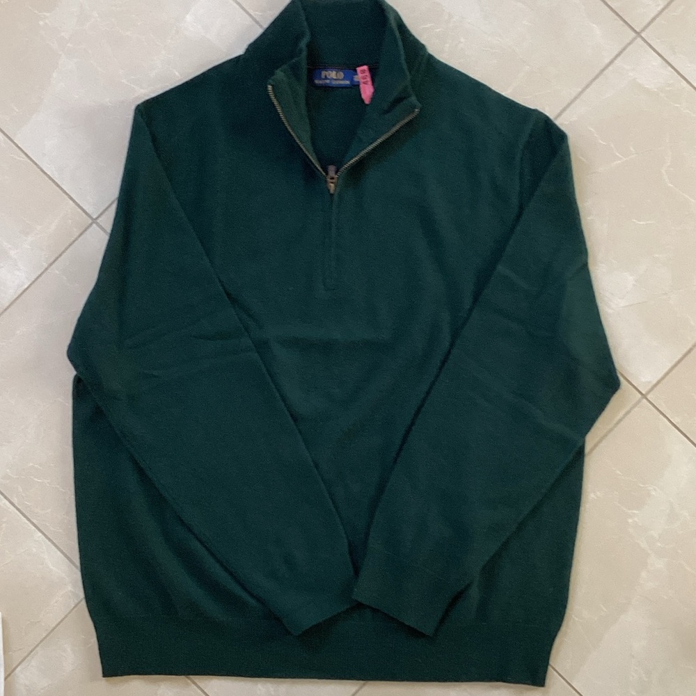 Polo by Ralph Lauren Men's Dark Green Merino Wool 3 Quarter Zip-Up Sweater